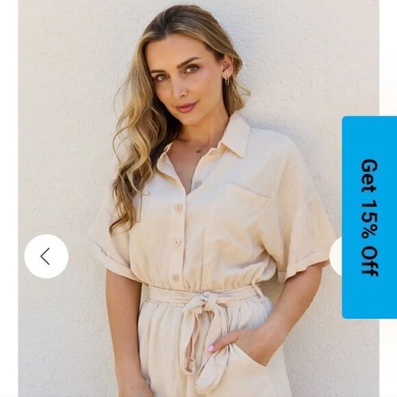 Collared Spring Summer Button Down Shirt Belts Romper in Cream - Picture 9 of 12